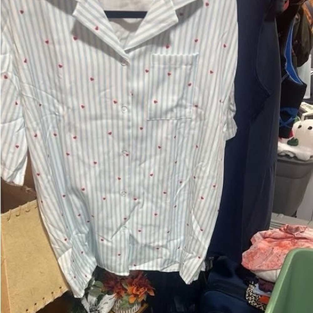 Women’s sleep short set White and Blue Striped Shirt with Red Accents